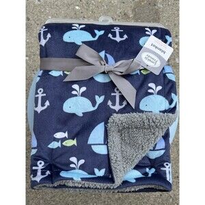 Luvable Friends Blue Whale Sailboat Anchor Fish Baby Blanket Gray Sherpa New